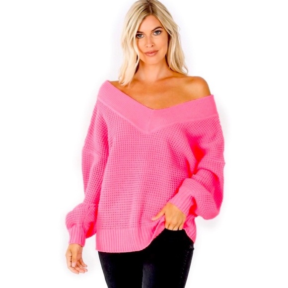 Zenana Outfitters Sweaters - Women’s Oversized Hot Pink V-Neck Off The Shoulder Waffle Knit Sweater XL